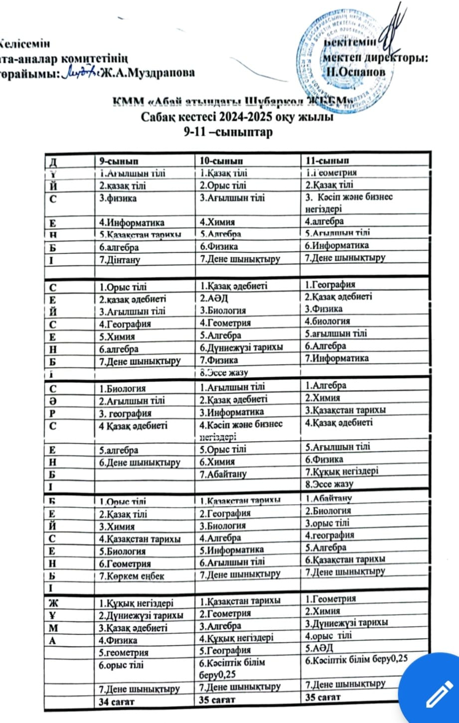 Сабақ кестесі 2024-2025 оқу жылы. 9-11 сынып