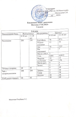 Күнделікті мәзір 17.02.2023ж