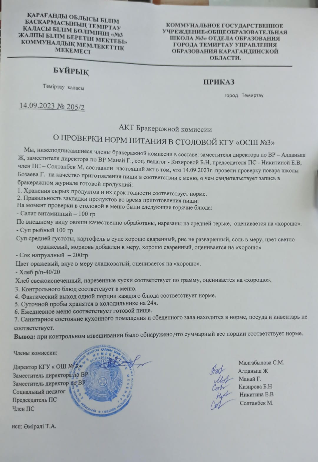 Акт бракеражной комисии