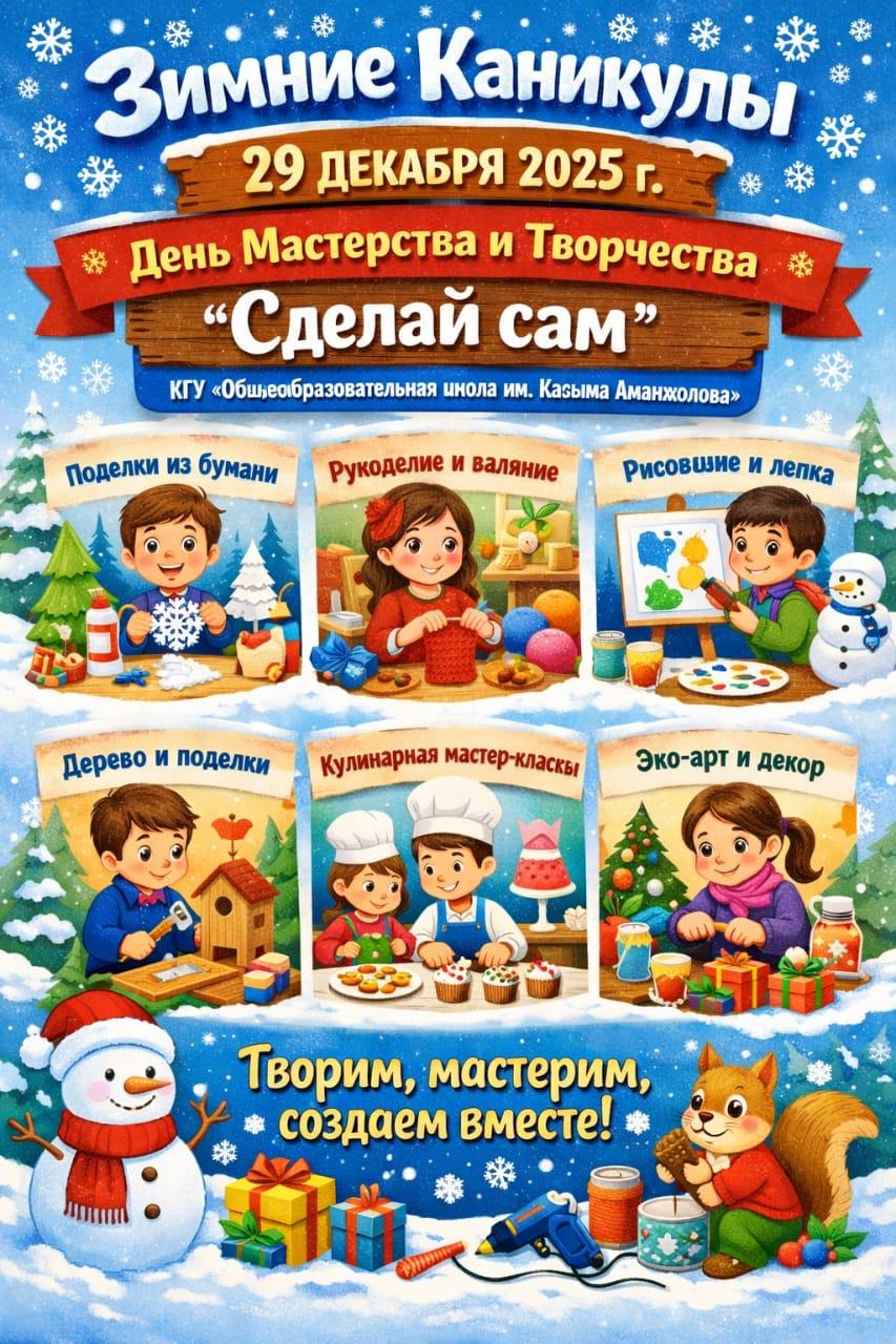 29.12.2025 ж. қысқы каникул кезеңінде  «Қасым Аманжолов атындағы ЖББМ» КММ  «Адал Азамат» тәрбиелік бағдарламасы  аясында 1–11 сыныптардың сынып  жетекшілері, тәлімгер, мектеп  кітапханашылары, көркем еңбек пәні мұғалімдері төмендегідей  іс-шараларды ұйым